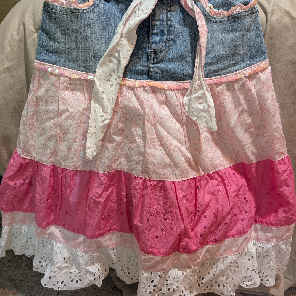 Candie's Pink and White A-Line Skirt with Denim Accent